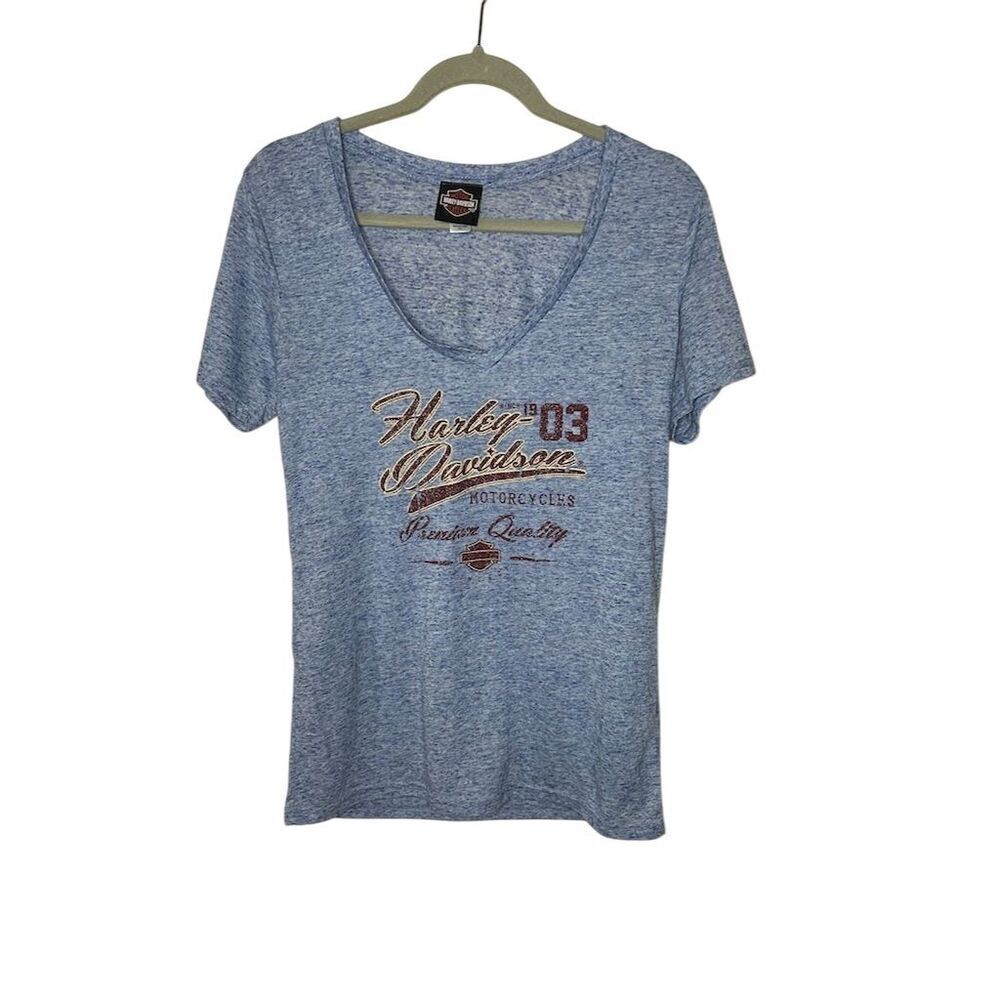 Harley Davidson Women's V-Neck T-Shirt Blue Short Sleeve Size XL
